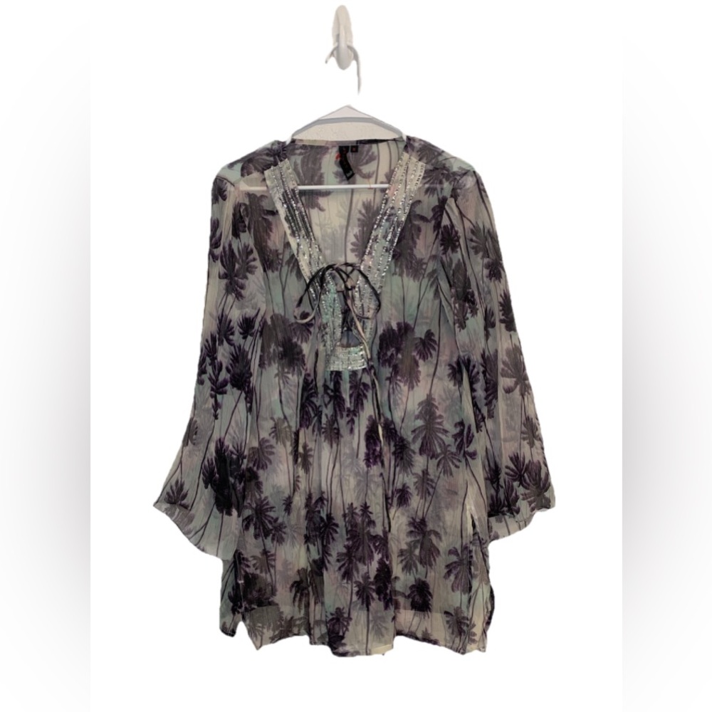 Lamoda Summer Cover Up Tunic Sun Mini Dress Blue Leaf Tropical Medium NWOT